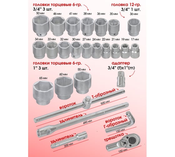 Набор инструментов Forcekraft 3/4 ", 26 пр, 6гр, FK-68263-5(51903)