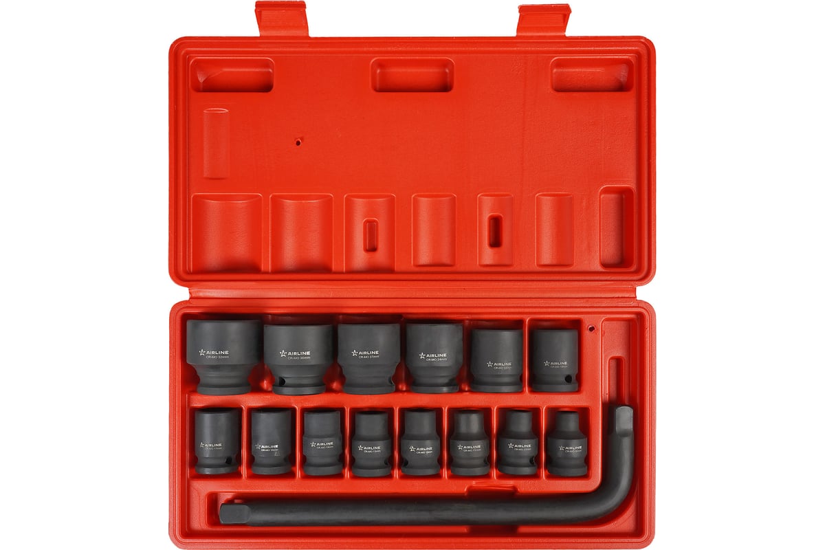 Набор головок Airline ударных 1/2"DR, 38 мм, 15 предметов, 8-32 мм, Г ...