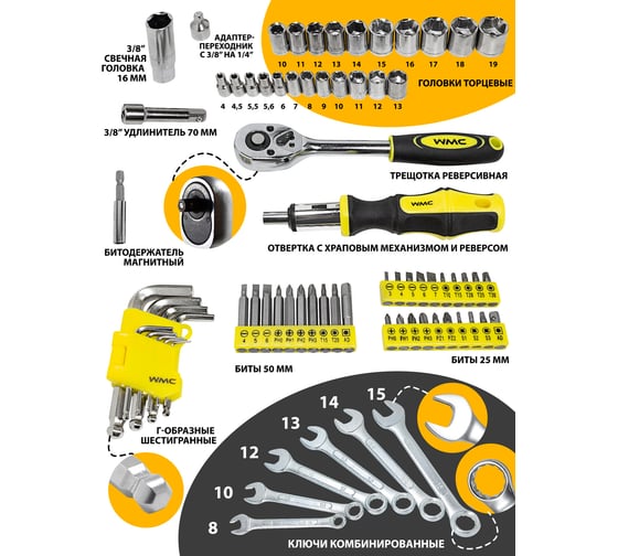 Набор инструментов WMC TOOLS 168пр, 1/4", 3/8", 6гр, 4-19мм WMC-30168(50798)