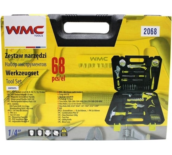 Набор инструментов с шуруповертом WMC Tools 68пр, 1/4'', 6гр, 5-13мм WMC-2068(48158)