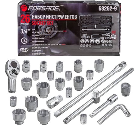 Набор инструментов Forsage f-68262-9 ударных 26пр, 3/4'' 1'' (12гр.), (17,19,21,22,24,27,30,32,33,34,35,36,36-6гр,38,41,46,50мм,1'':55,60,65мм),в кейсе f-68262-9 56224 F-68262-9(56224)