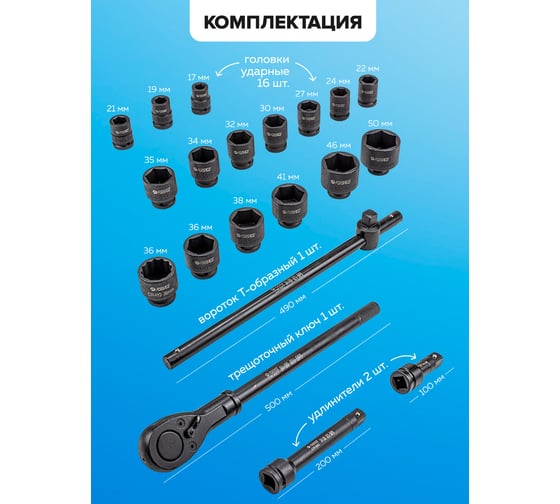 Набор ударных инструментов Forsage profi 3/4", 6гр, 21пр (17 ,19 ,21, 22, 24, 27, 30, 32, 34, 35, 36, 36-12 гр, 38, 41, 46, 50 мм), в кейсе F-6213-5MPB(54942)