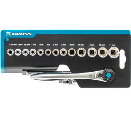 Набор торцевых головок, трещотка 120 зубьев, 36 предметов GROSS 14142