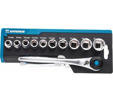 Набор торцевых головок, трещотка 120 зубьев, 12 предметов GROSS 14139