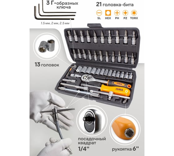 Набор инструментов ISMA 1/4" 46 предметов ISMA-2462-5(47891)