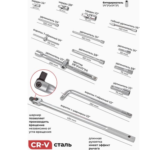 Набор инструментов BaumAuto 1/4", 3/8", 1/2", 6-гр., 4-32 мм, 142 предмета BM-41421-5(54713)