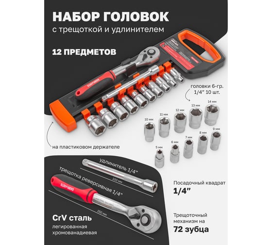 Набор инструментов BaumAuto головки с трещоткой и удлинителем, 1/4", 5-14 мм, 12 предметов BM-014-5MSA(54782)