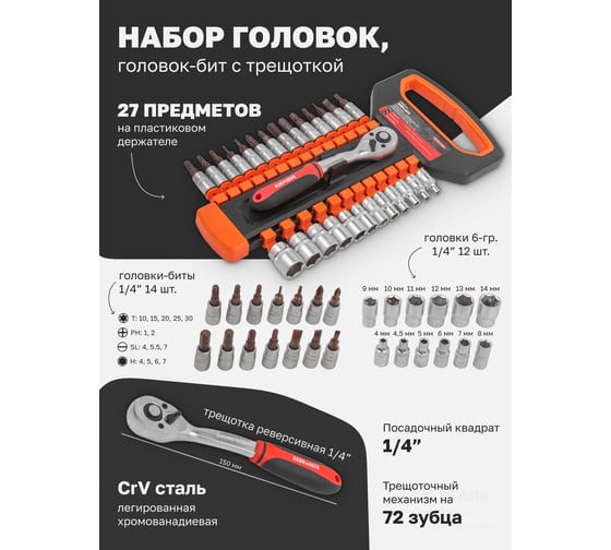 Набор инструментов BaumAuto головки с трещоткой, 1/4", 27 предметов BM-027-5MSA(54785)