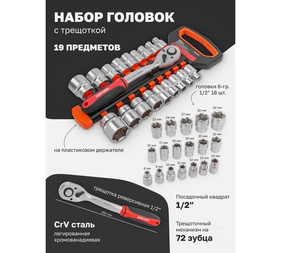 Набор инструментов BaumAuto головки с трещоткой, 1/2", 8-15, 17-22, 24, 27, 30, 32 мм, 19 предметов BM-019-5MSA(54784)