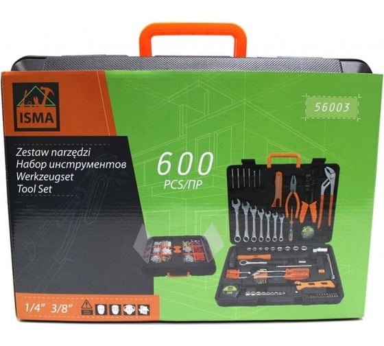 Набор инструментов ISMA 1/4", 3/8", 5-19 мм, ключи 10-17 мм, шарнирно-губцевый инструмент, отвертки, биты, молоток, ключи 6-е г-образные, расходник, 600 предметов ISMA-56003(48169)
