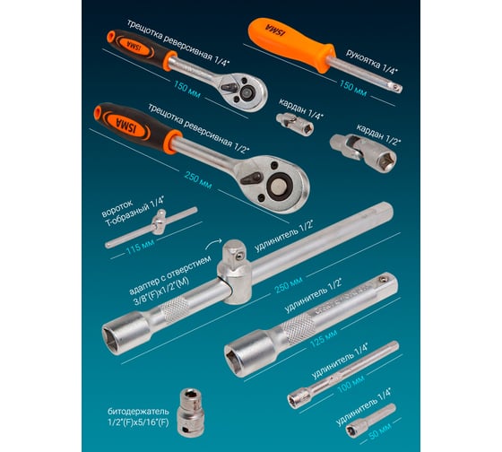 Набор инструментов ISMA 1/4", 1/2", 6гр., 4-32 мм, 108 предметов ISMA-41082-5(50775)