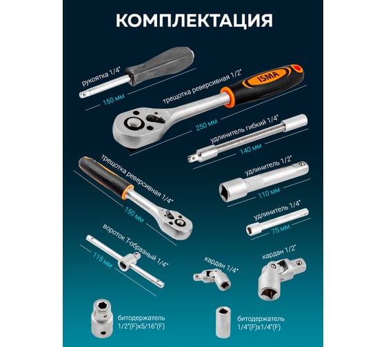 Набор инструментов ISMA 1/2", 1/4", 6 гр., 82 предмета ISMA-4821-5EURO(51375)