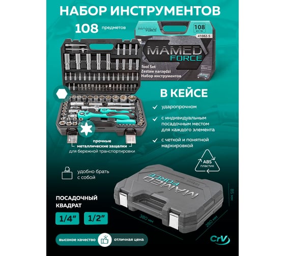 Набор инструментов profi 108пр. 1/4",1/2"(6гр)(4-32мм) MAMEDFORCE MF-41082-5(54627)