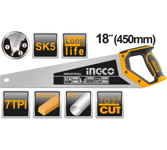 Ножовка по дереву INGCO INDUSTRIAL 450 мм HHAS28450