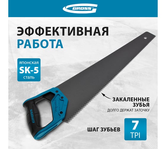 Ножовка по дереву GROSS PIRANHA, 500 мм, 7 TPI, 3D-зуб, тефл. покрытие, 2-х комп. рукоятка 24115