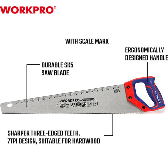 Ножовка по дереву WORKPRO 500 мм, SK5, 7TPI WP215007