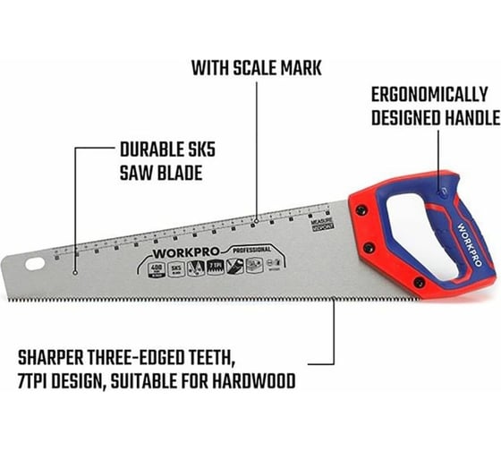 Ножовка по дереву WORKPRO 400 мм, SK5, 7TPI WP215005