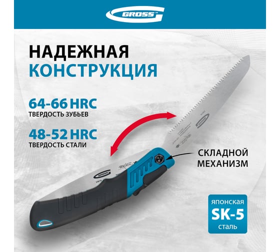 Пила по дереву GROSS PIRANHA складная, для кэмп.и сада, 150 мм, 9-10TPI, зуб 3D, подкал.зуб, 2-ком.рук. 23616