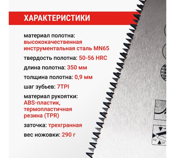 Ножовка по древесине VIRA дереву 350 мм 7 TPI каленый зуб 3D заточка 800235