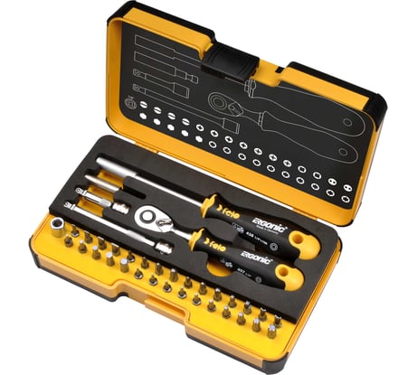 Набор бит Felo ERGONIC SL/HEX/PH/PZ/Tx/SQ/SPANNER/BH/MS с трещоткой и отвертка с держателем бит в кейсе, 36 шт 05783606