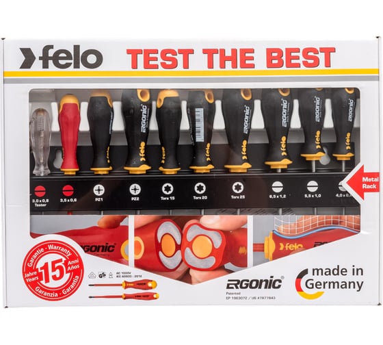 Набор отверток Felo Ergonic SL/PZ/Tx, отвертка VDE и отвертка тестер-сети на стальной стойке, 10 шт 40091043