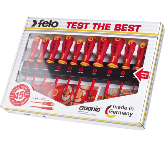 Набор диэлектрических отверток Felo Ergonic SL/PZ/PH/Tx на стальной стойке, 10 шт 41491093