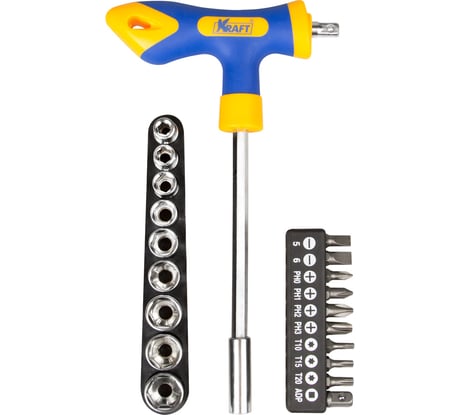 Т-образная отвертка с битами и головками 20 предметов KRAFT KT 701039