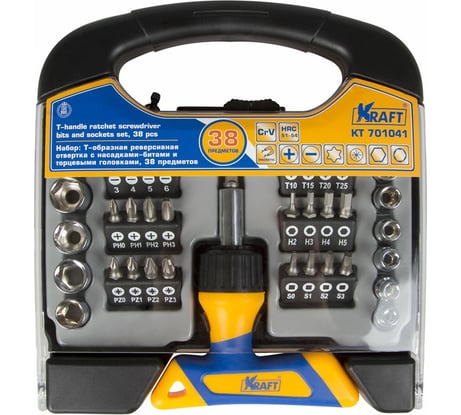 Т-образная реверсивная отвертка с битами и головками 38 предметов KRAFT KT 701041