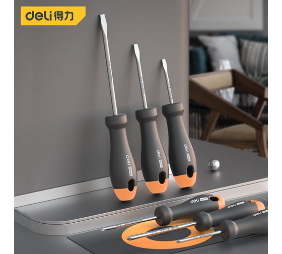 Набор отверток DELI «Home Series Gray» HT1006C 6шт (PH0x75, PH1x100, PH2x150, SL3x75, SL5x100, SL6x150, Cr-V, Soft Touch рукоятка, эксклюзивный дизайн) 130283
