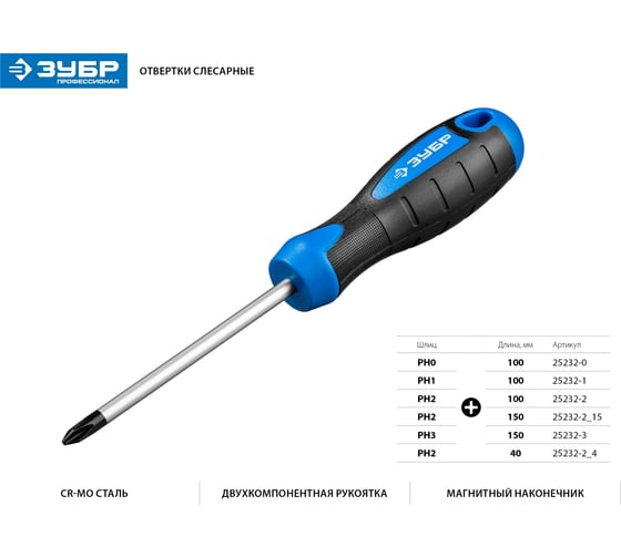 Отвертка ЗУБР Профессионал Cr-Mo PH2 x 150 мм 25232-2_15