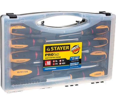Набор отверток STAYER PROFESSIONAL PROTech Cr-Mo, отвертки 7шт, отвертка-битодержатель, биты 10шт 25133-H8_z02