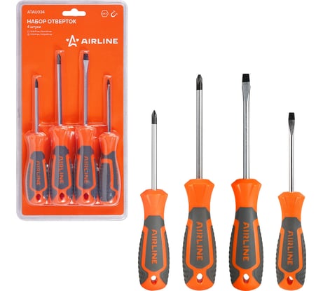 Набор отвёрток Airline SL5x75 мм, SL6x100 мм, PH1x75 мм, PH2x100 мм, блистер, 4 предмета ATAU034