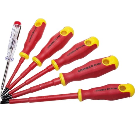 Набор диэлектрических отверток STAYER Profi-Electro SL:3.0x75 мм/4.0x100 мм/5.5x125 мм/PH:№1x80 мм/2x100 мм/100-250 В тестер 6 шт. 25145-H6_z01