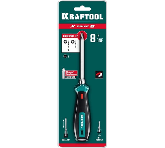Универсальная отвертка Kraftool с двусторонним стержнем PH0-1-2-3 PZ1-2-3 SL 6 мм 8 в 1 26168