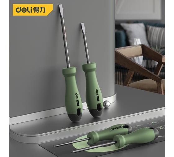 Набор отверток Deli «Home Series Green» HT1004L 4шт (PH1x100, PH2x150, SL5x100, SL6x150, Cr-V, Soft Touch рукоятка, эксклюзивный дизайн) 130275