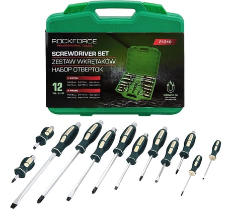 Набор силовых отверток Rockforce ударных 12 предметов в кейсе RF-21310(15216)