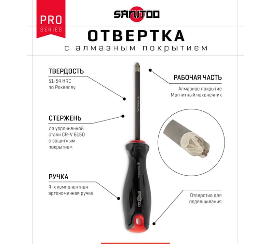 Отвертка Sanitoo PRO Diamond PZ1x100 мм, с алмазным покрытием 3212