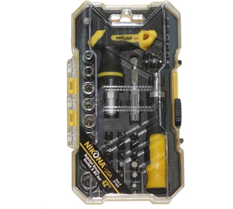 Набор отверток с битами и головками NIKONA рукоятка Т-образная, реверс, 5-12мм, в пластиковом ящике, 42пр 27-642