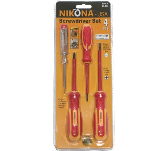 Набор диэлектрических отверток NIKONA с тестером напряжения, 125-250V, АС, 4пр 27-264