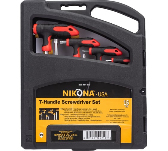 Набор ключей NIKONA TORX, HEX, с Т-образной пластиковой рукояткой, 16пр 04-916