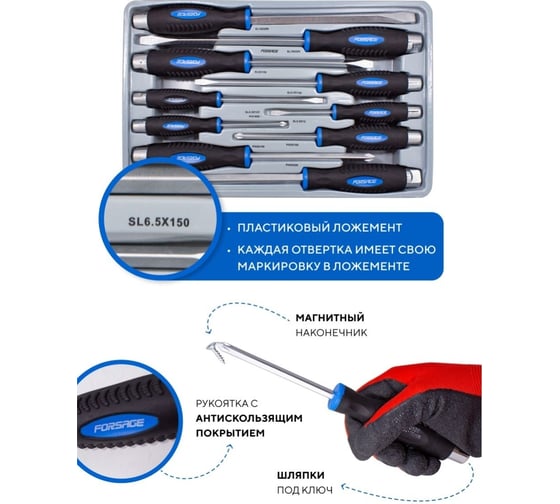 Набор силовых магнитных отверток Forsage Profi S2, 10пр F-2108(28274)