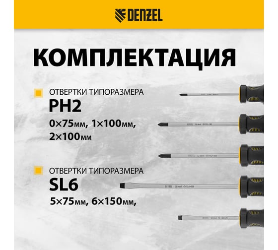 Набор отверток Denzel 5 шт., PH+SL, S2, 3к рукоятка 122157