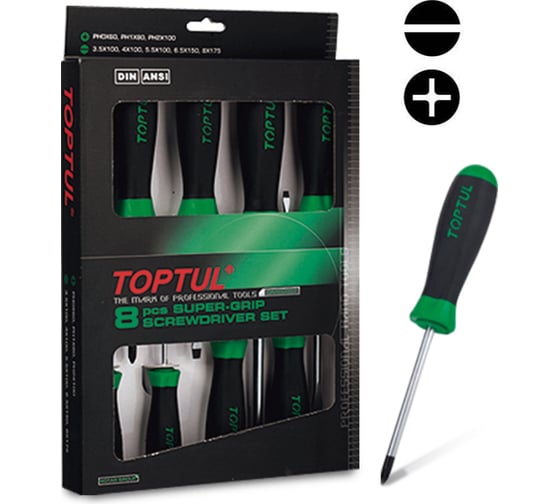Набор отверток (крест и шлиц) TOPTUL серии Super-Grip, 8 предметов в картоне, GAAE0807 1