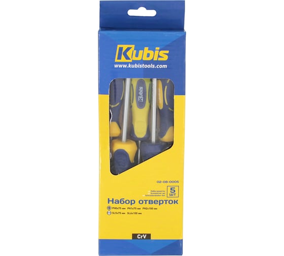 Набор отверток KUBIS PH0x75, 1x75, 2x100, SL5x75, 6x100, 5 шт. 02-08-0005