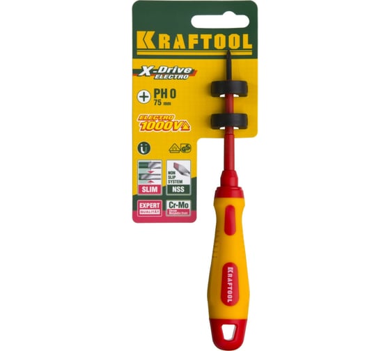 Отвертка KRAFTOOL высоковольтная, Cr-Mo-V стержень, двухкомп. маслобензостойкая рукоятка, PH №0, 60мм 250084-0-060