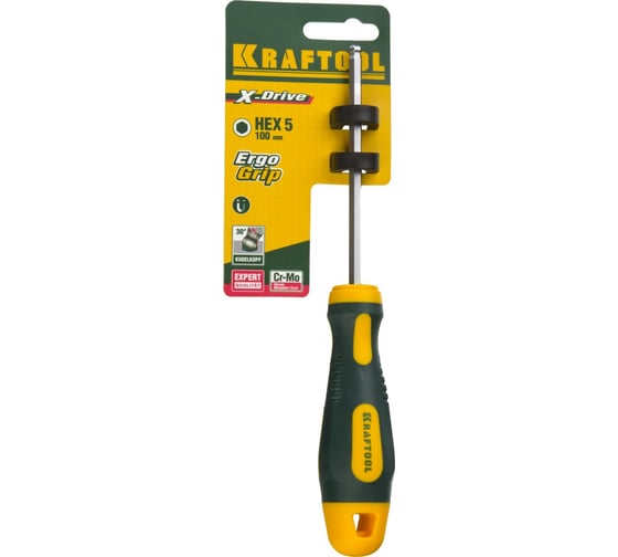 Отвертка KRAFTOOL Cr-Mo-V сталь, двухкомпонентная, противоскользящая рукоятка, HEX, №5x100мм 250075-5-100
