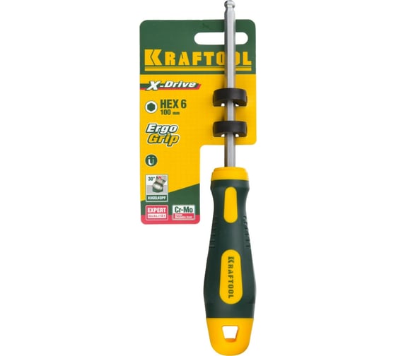 Отвертка KRAFTOOL Cr-Mo-V сталь, двухкомпонентная, противоскользящая рукоятка, HEX, №6x100мм 250075-6-100