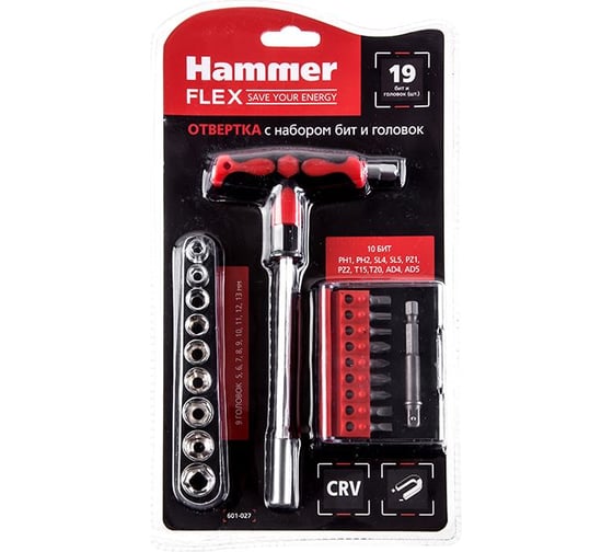 Отвертка HAMMER Flex 601-027 с набором бит и головок 19 шт. Т-образная рукоятка, CRV 400834