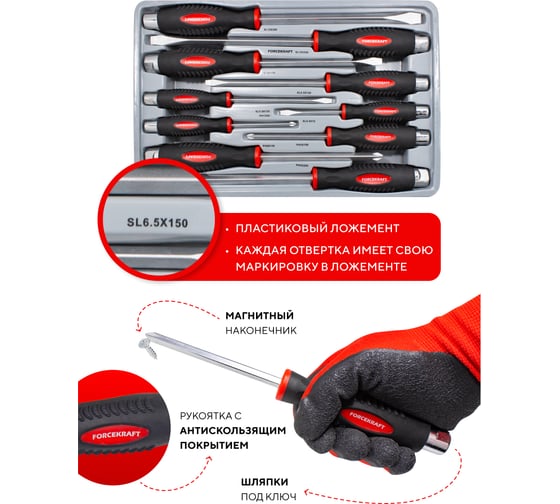 Набор отверток FORCEKRAFT силовые, магнитные, Profi, S2, 10пр. в лотке FK-2108(28201)