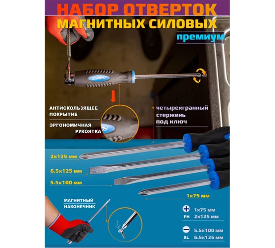 Набор отверток Forcekraft силовые, магнитные, Profi, 4пр. в блистере F-7004(26905)